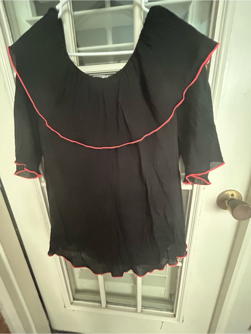 Cato Black Blouse with Coral-Pink Piping